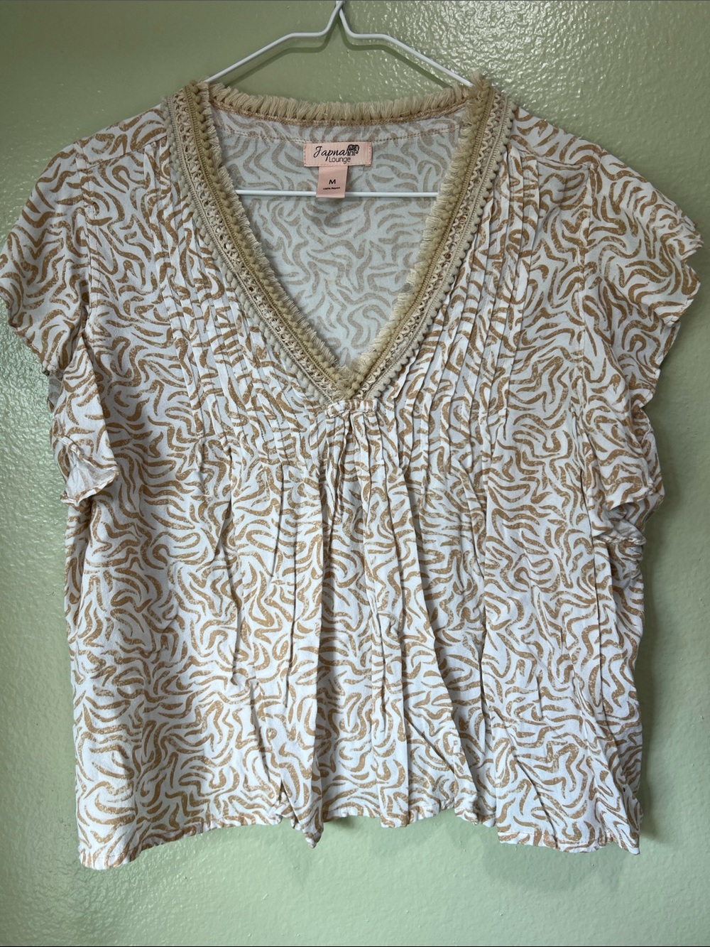Japna Cream & Tan V-Neck Printed Blouse